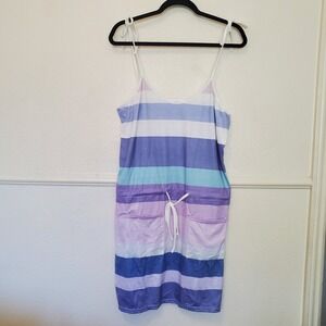 Striped Drawstring Waist Tie Shoulder Mini Dress Women's Purple Blue White